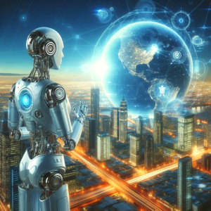 artificial intelligence robot looking at the world